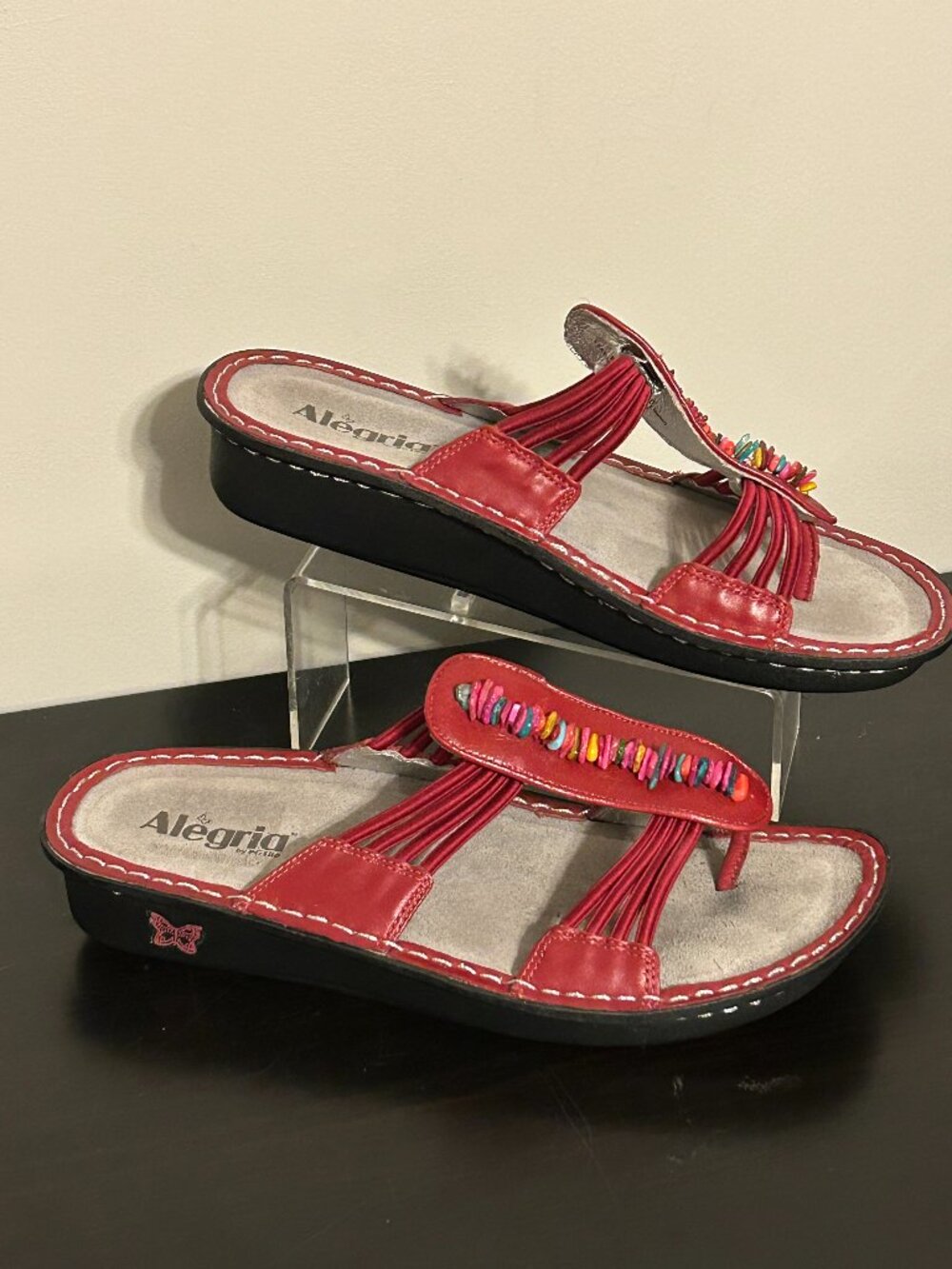 Alegria Sz 40 US 9.5 - 10 Red Leather Multi-Color Beads PIS-615 Boho Sandals
